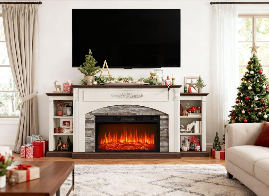 80" Electric Fireplace with Mantel, Fireplace TV Stand for TVs Up to 90 Inch,30" Fire Place Insert Heater for Living