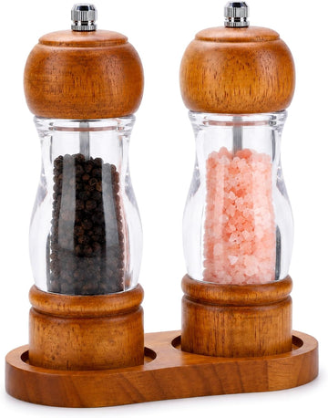 Manual Salt and Pepper Grinder Set, Oak Acrylic Mills with Tray - Set of 2
