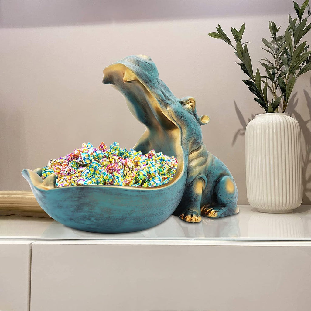 Hippo Statue,Large Hippopotamus Figurine Home Sculpture with Resin, Hippo Candy Jar, Candy Dish Bowl Desk, Key Bowl
