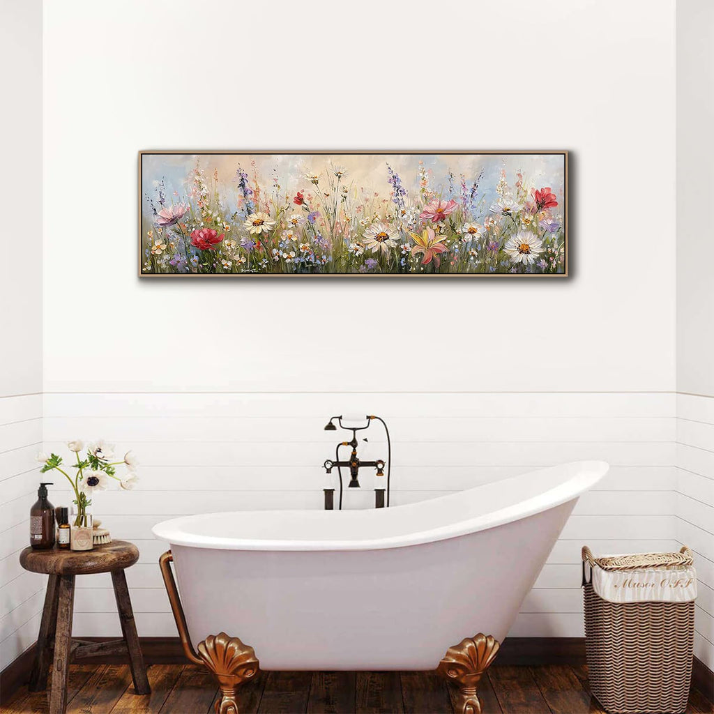 Wood Framed Wildflower Wall Art Bedroom Wall Decor Above Bed, Colorful Flower Poppy Daisy Picture Abstract Nature
