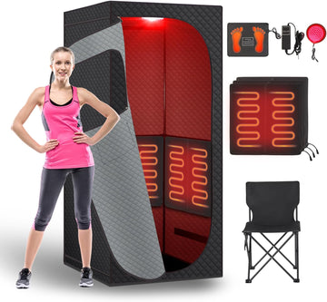 Sauna Box for Detoxification and Relaxation, Portable Far Infrared Sauna Tent with Red Light Therapy and Folding Chair