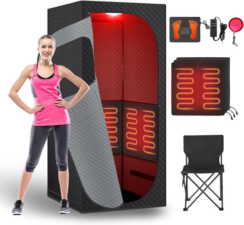 Sauna Box for Detoxification and Relaxation, Portable Far Infrared Sauna Tent with Red Light Therapy and Folding Chair