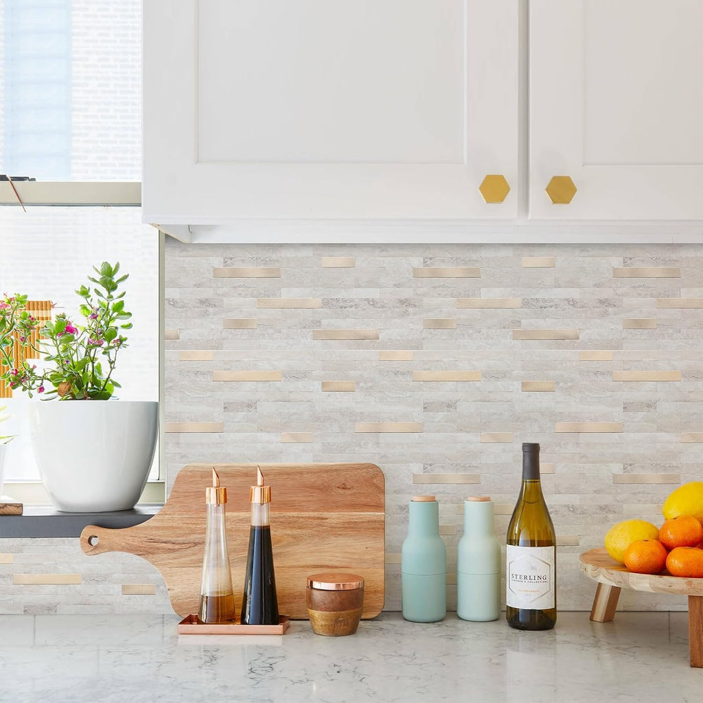 Peel and Stick Backsplash, PVC Wall Stick on Backsplash (10 Sheets, Beige with Metal Gold)