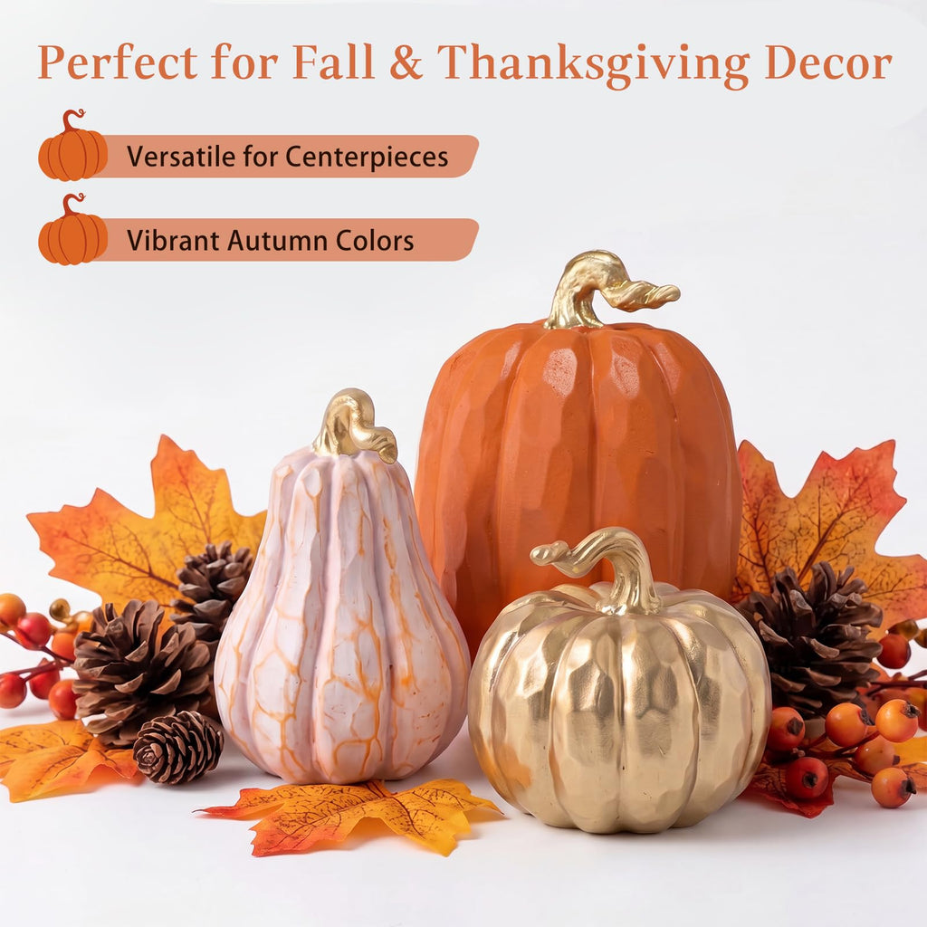 3 Pack Fall Pumpkin Decor White and Gold Resin Pumpkin Statues