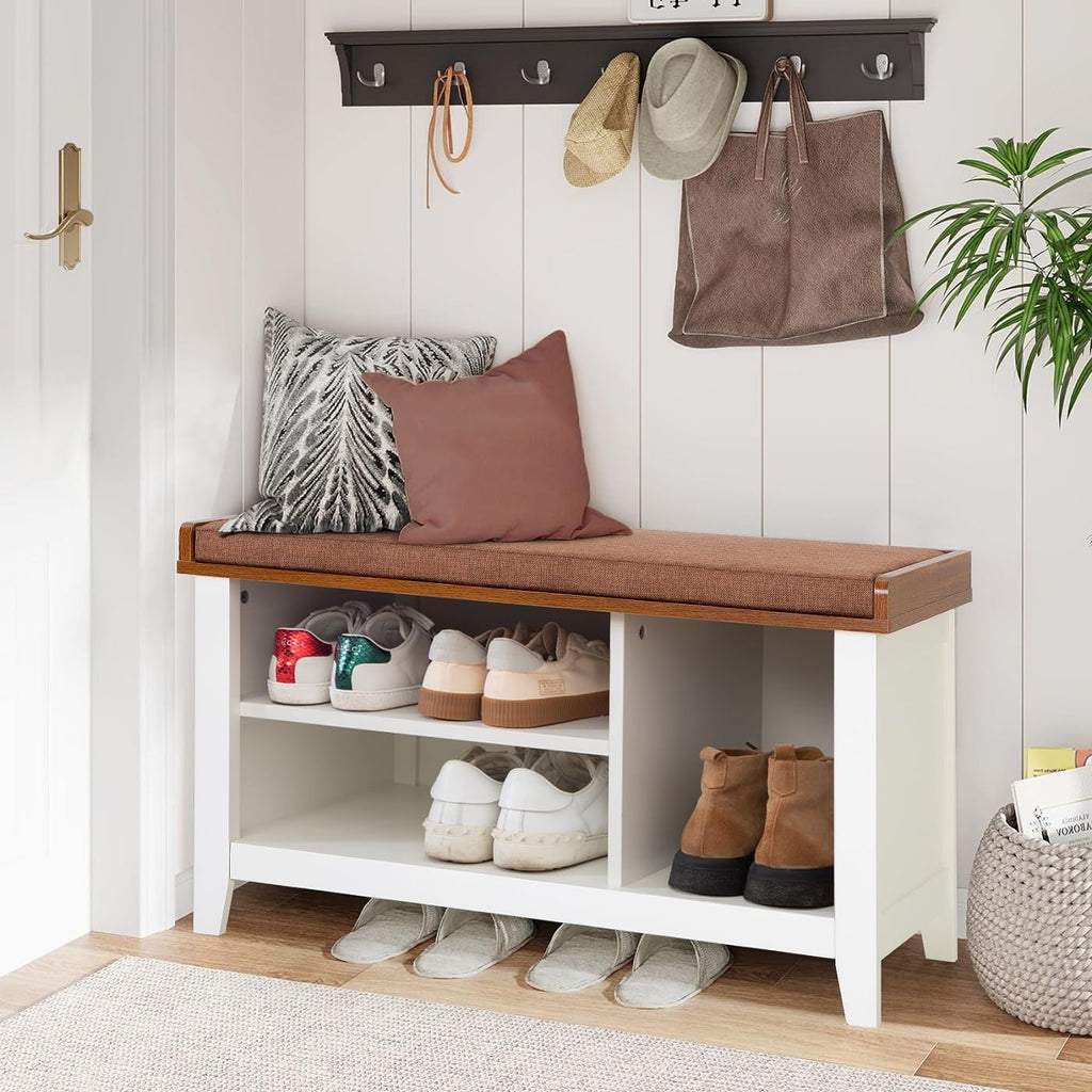 Shoe Storage Bench, White Shoe Entryway Bench with Seating Padded Cushion, Freestanding Shoe Rack Organizer Hallway