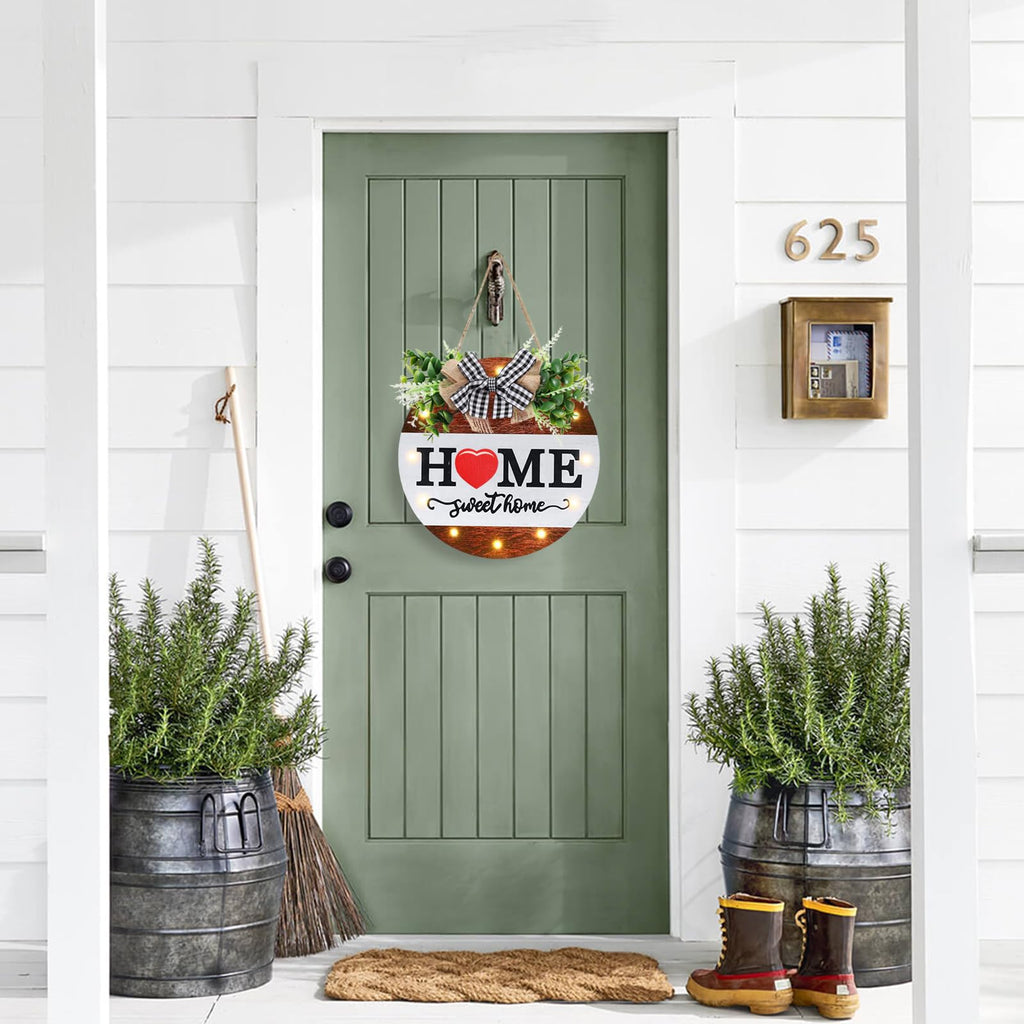 Interchangeable Welcome Sign for Front Door with 4 Seasonal Wreaths, Door Wreaths for Front Door with 12 LED Lights