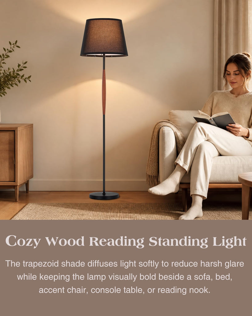 Mid Century Modern Floor Lamp, Solid Wood Reading Standing Lamp with Black Linen Fabric Shade, Vintage Corner Light
