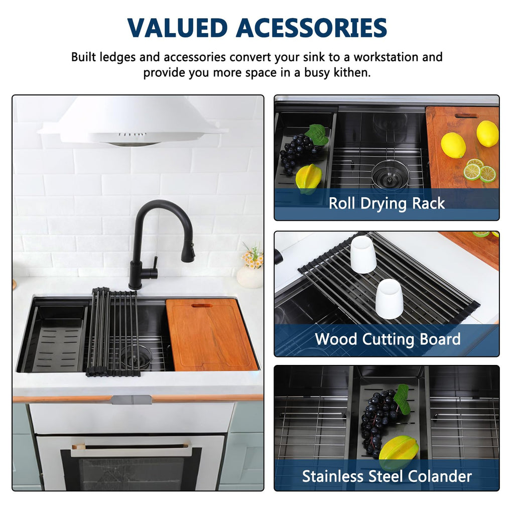 32 Inch Black Undermount Kitchen Sink Workstation, 32x18 Inch Large Outdoor Single Bowl Prep Sink, Stainless Steel