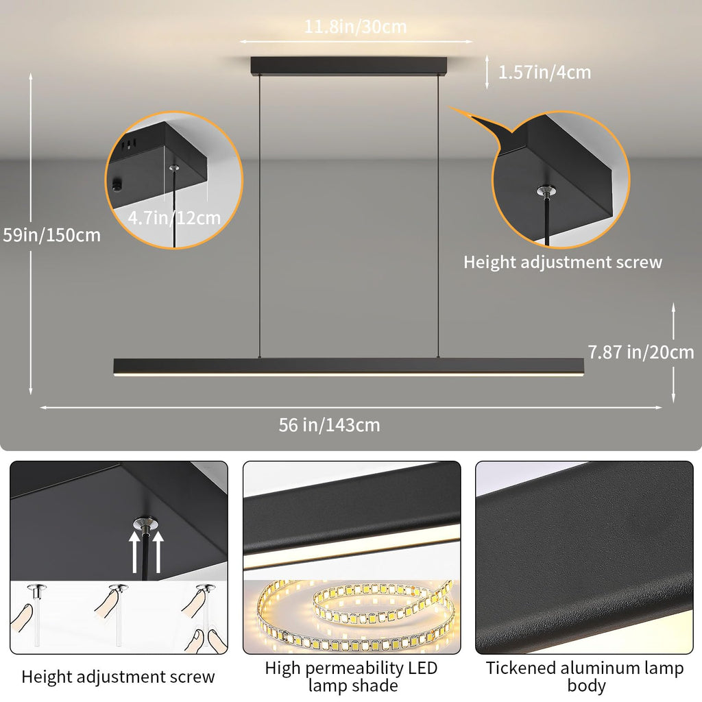 LED Island Lights, 3300k-6500K Dimmable Pool Table Light with Remote, Modern Pendant Lights, 56.29" LED Linear