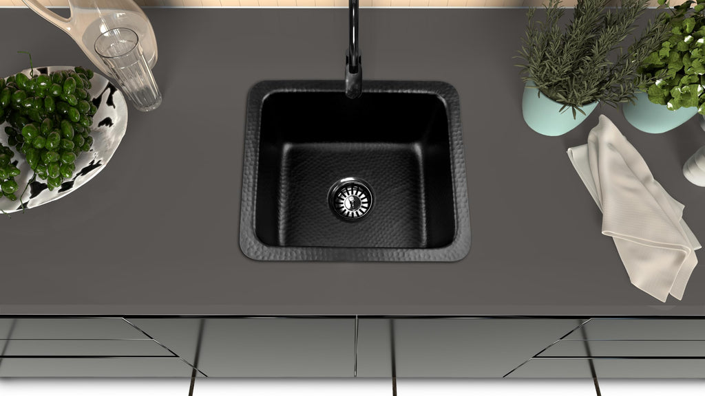 Kitchen & Bar Sink - 17-inch Highball Dual Mount Drop Sink, Hand Hammered Matte Black Aluminum Sinks, Drop in Bar
