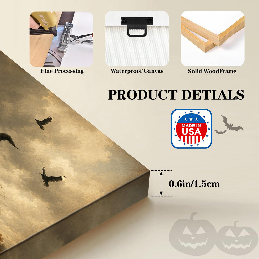 Halloween Canvas Wall Art, Retro Witch with Flying Crows Canvas Prints
