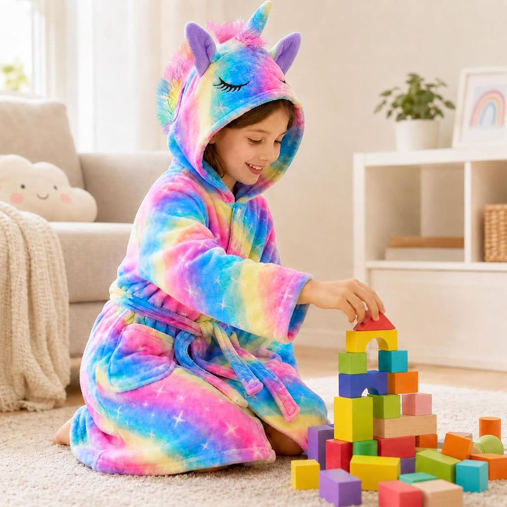 Girls Robe Kids Hooded Bathrobe Unicorn Rainbow Star Leopard Toddler Bath Robe Warm Fuzzy Bathrobes