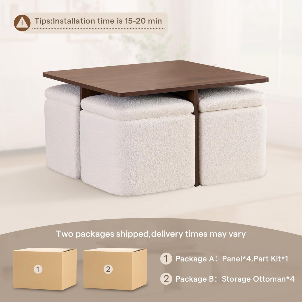 Square Coffee Table with Storage Ottomans, Beige