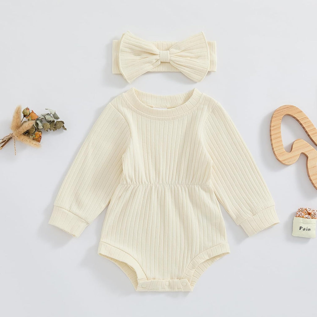 Newborn Baby Girl Fall Outfits Long Sleeve Ribbed Knit Jumpsuit Romper with Headband Infant Clothes Sets