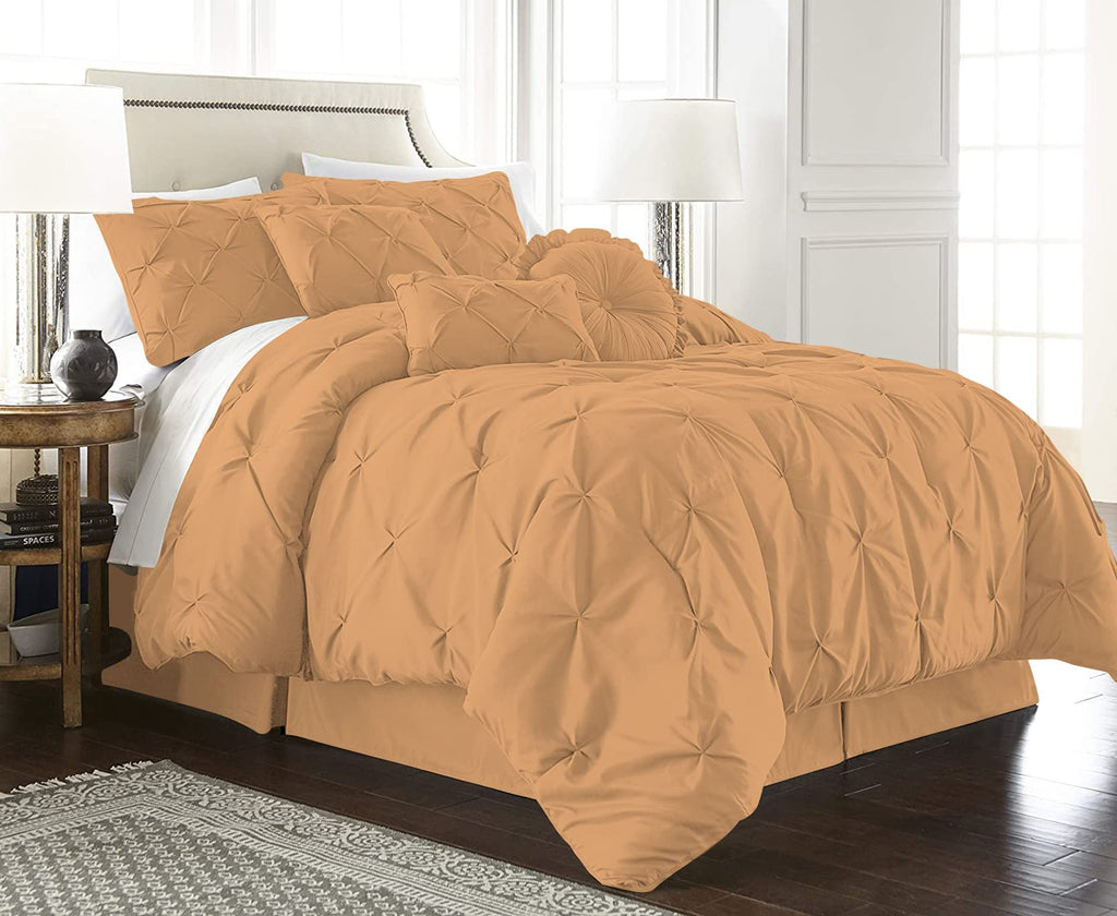 100% Egyptian Cotton 7-Piece Pinch Pleat Pintuck Bedding Comforter Set, 1000 Thread Count (Full, Sand)