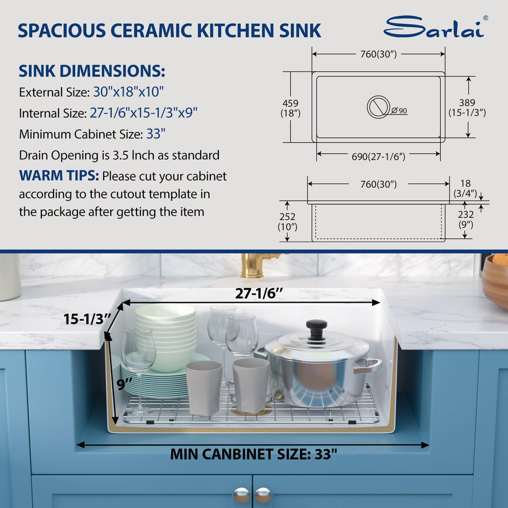 30 Inch Undermount or Drop In Fireclay Kitchen Sink White 30"x18"