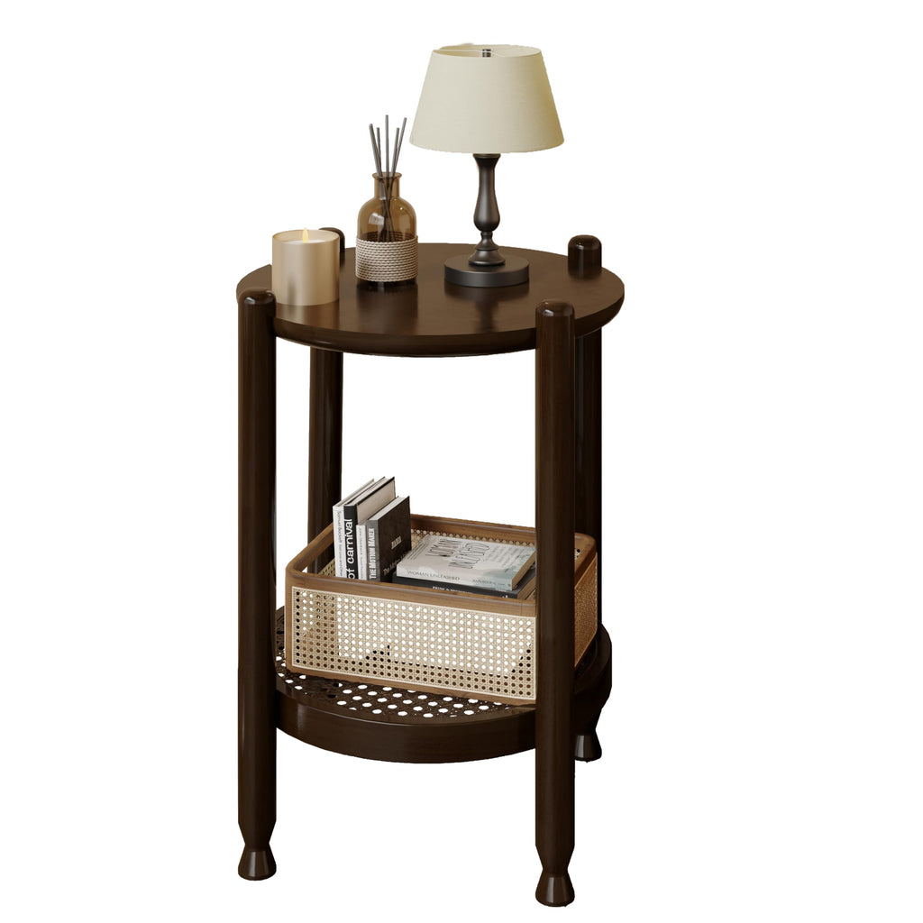 Round, 2-Tier Rustic Wood Center Table Decor with Boho Woven Rattan Storage Shelf | Modern Farmhouse Design, Easy