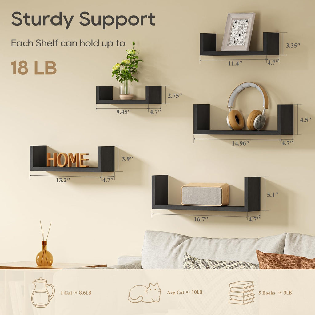 Black Floating Shelves, Set of 5 Solid Wood Wall Mounted Shelves