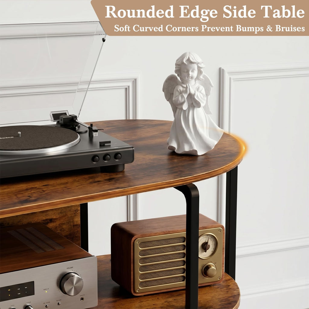 Vinyl Record Player Stand with Power Outlets, 43.3" Mid Century Turntable Stand Console Table, 3-Tier Arc Record