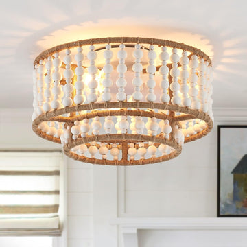 Boho Flush Mount Light Fixture Farmhouse, Light Rustic Hallway Lights, Small White Bead Chandelier Entryway Laundry
