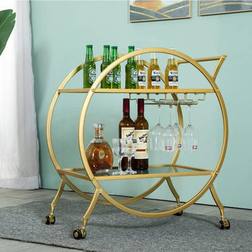 Round Gold Bar Cart 2 Mirrored Shelves Bar Serving Cart with Wheels and Glass Holder, Mobile Wine Cart for The