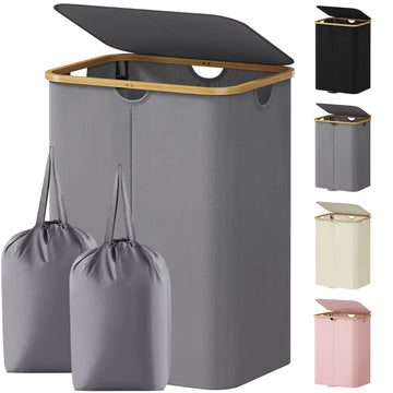 150L Double Laundry Hamper with Lid and Removable Bag, Gray
