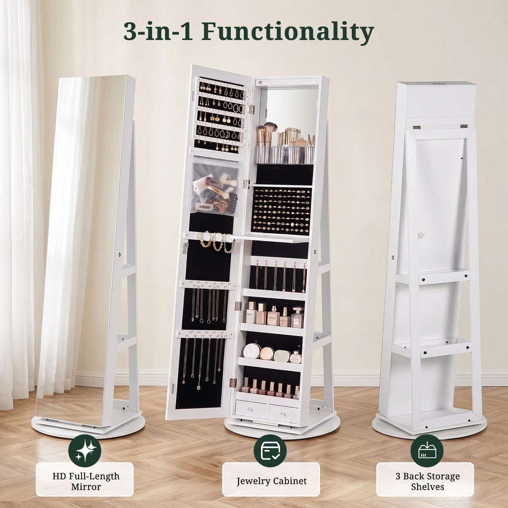 360° Swivel Jewelry Armoire Cabinet with Full Length Mirror, Lockable Jewelry Organizer with 6 LED Vanity Mirror, 3