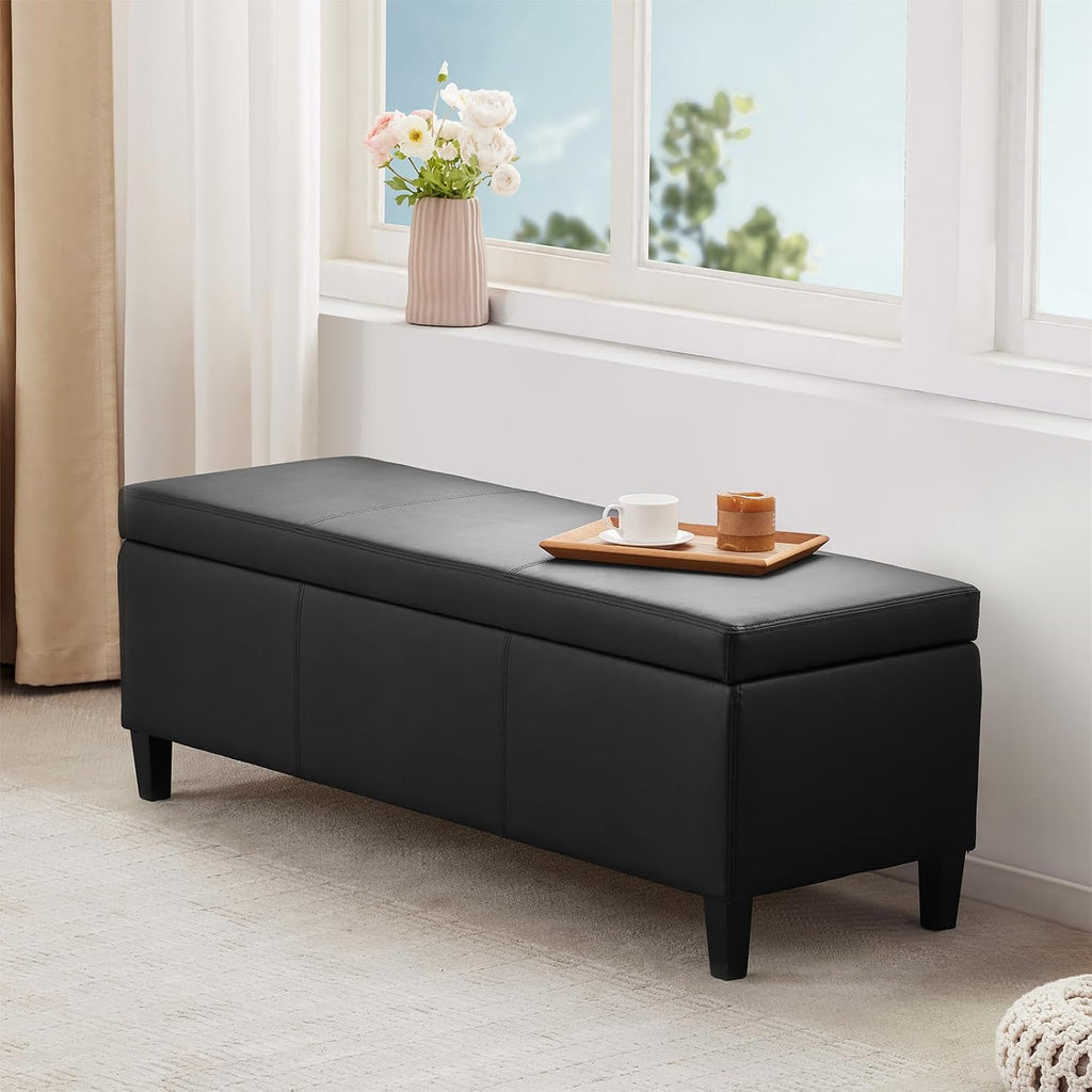 Faux Leather Storage Ottoman Bench 50.3 Inch Extra Long PU Upholstered Bedroom Bench with Large Storage Space for the