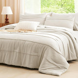 Queen Comforter Set Beige, 7 Pieces Soft Pinch Pleat Bed in a Bag Queen Comforter Set with Sheets