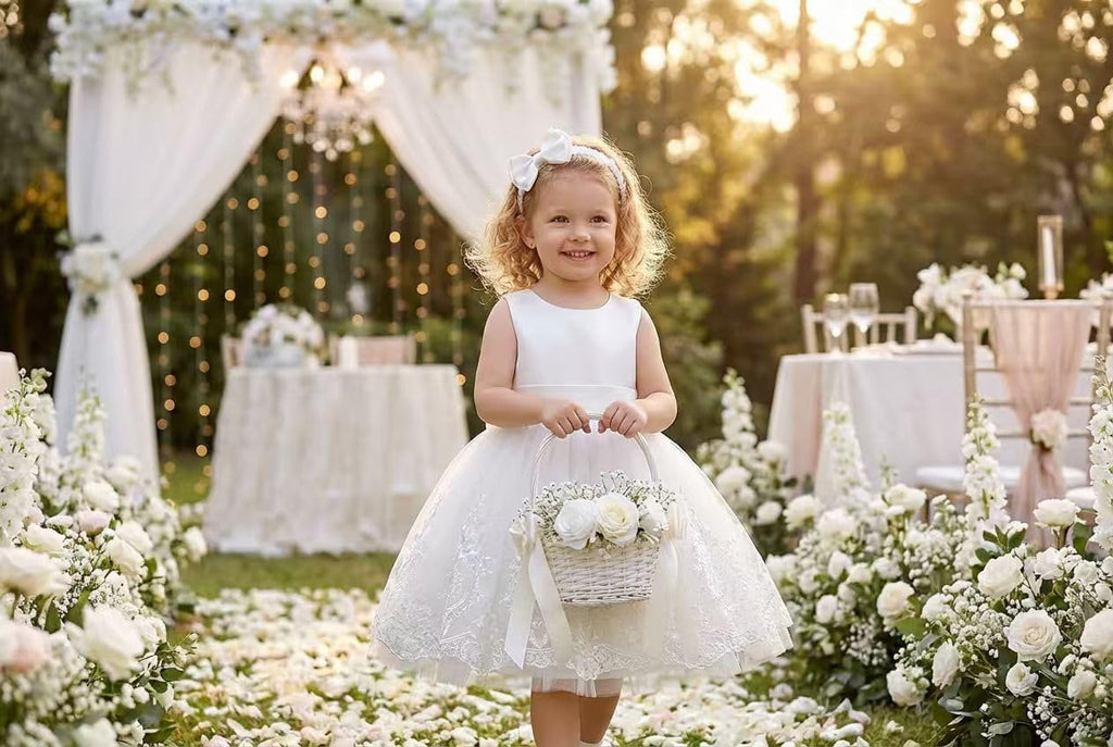 Big Bowknot Toddler Baby Girls Formal Dresses Pageant Party Lace Embroidery Dress with Headwear