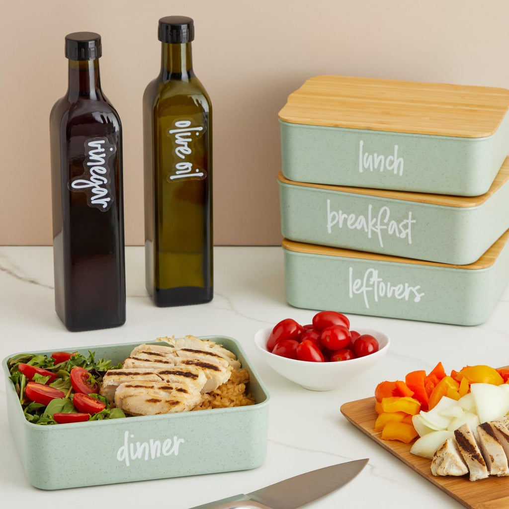 Labels for Storage Bins - 158 Count, White Script Vinyl - Removable Waterproof Labels for Food Containers & Pantry, &