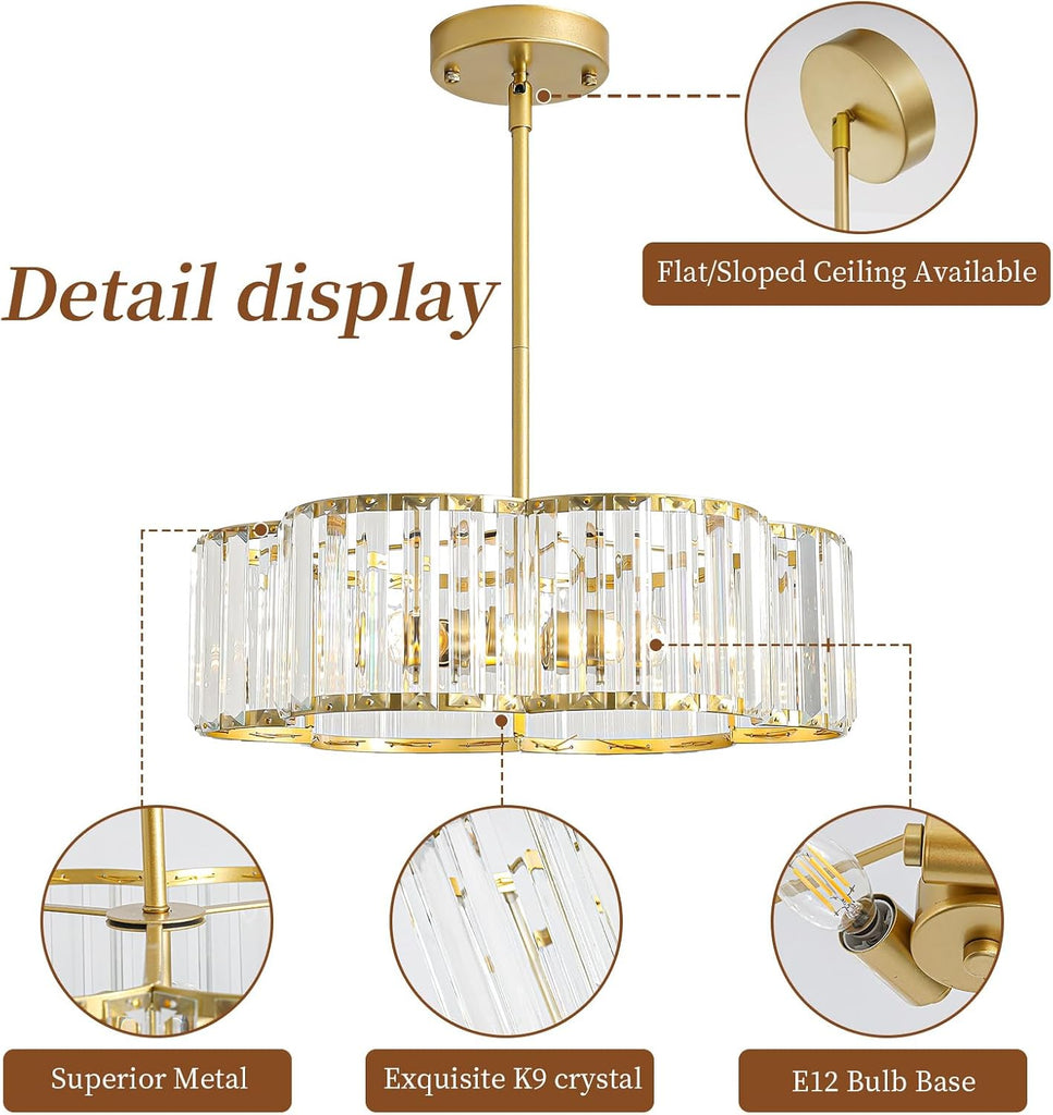 Modern Gold Crystal Chandelier for Dining Room 16 Inch | Semi Flush Mount Ceiling Light Fixture 3-Light,Round Kitchen