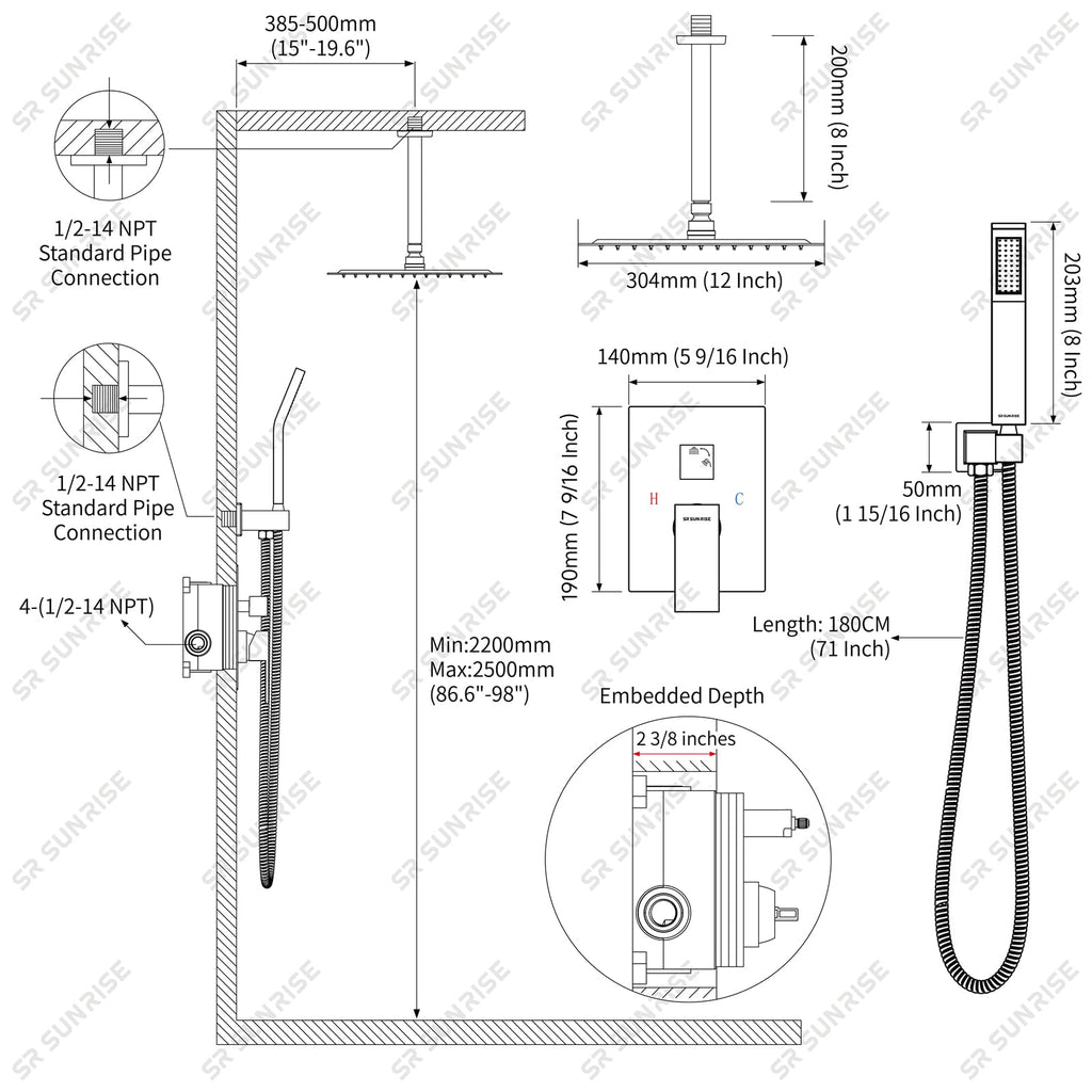 12 Inch Ceiling Mount Rain Shower System,Polished Chrome
