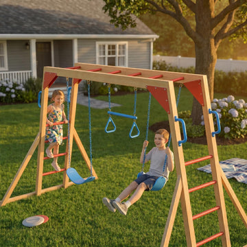 Wooden Swing Sets for Backyard with Monkey Bar, Outdoor Playset for Kids with Trapeze Swing Bar and 2 Belt Swings