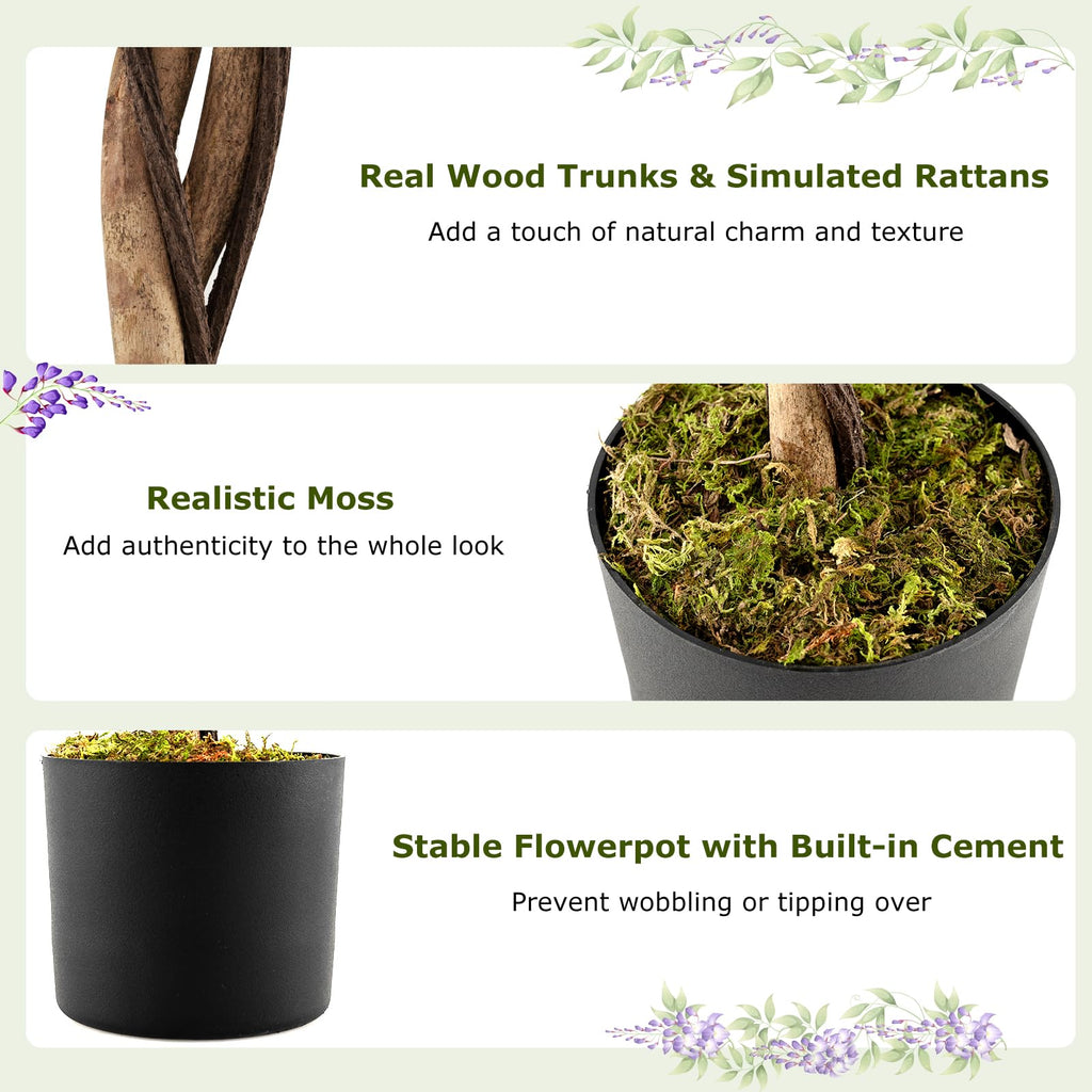 6FT Ficus Artificial Tree, 2 Pack Faux Wisteria Tree Pot with Purple Lifelike Flowers, Fake Potted Tree Greenery