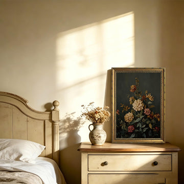 Dark Floral Still Life Vintage Gold Framed Wall Art 16x24 inch