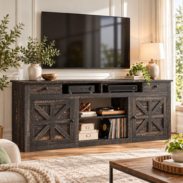 70" Farmhouse TV Stand for 80 Inch TVs with Storage, Rustic Oak