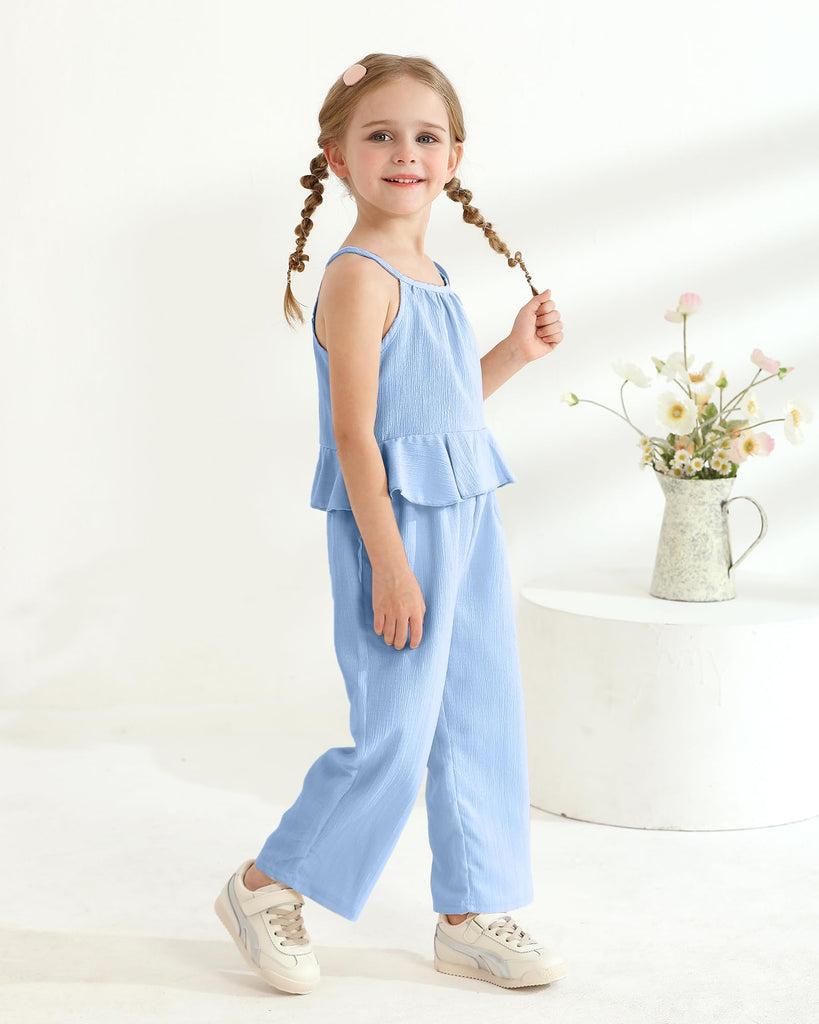 Toddler Girls Outfit Kids Clothes Blue Ruffle Summer Linen Pants 2Pcs