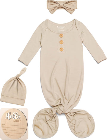 Newborn Knotted Gown, Ultra-Soft Silky Long Sleeve Sleeper, Unisex Coming Home Outfit Set With Wooden Name Sign