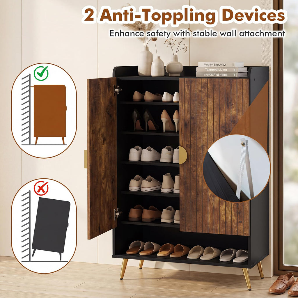 Shoe Storage Cabinet with Doors, Adjustable Shelves, Rustic Brown