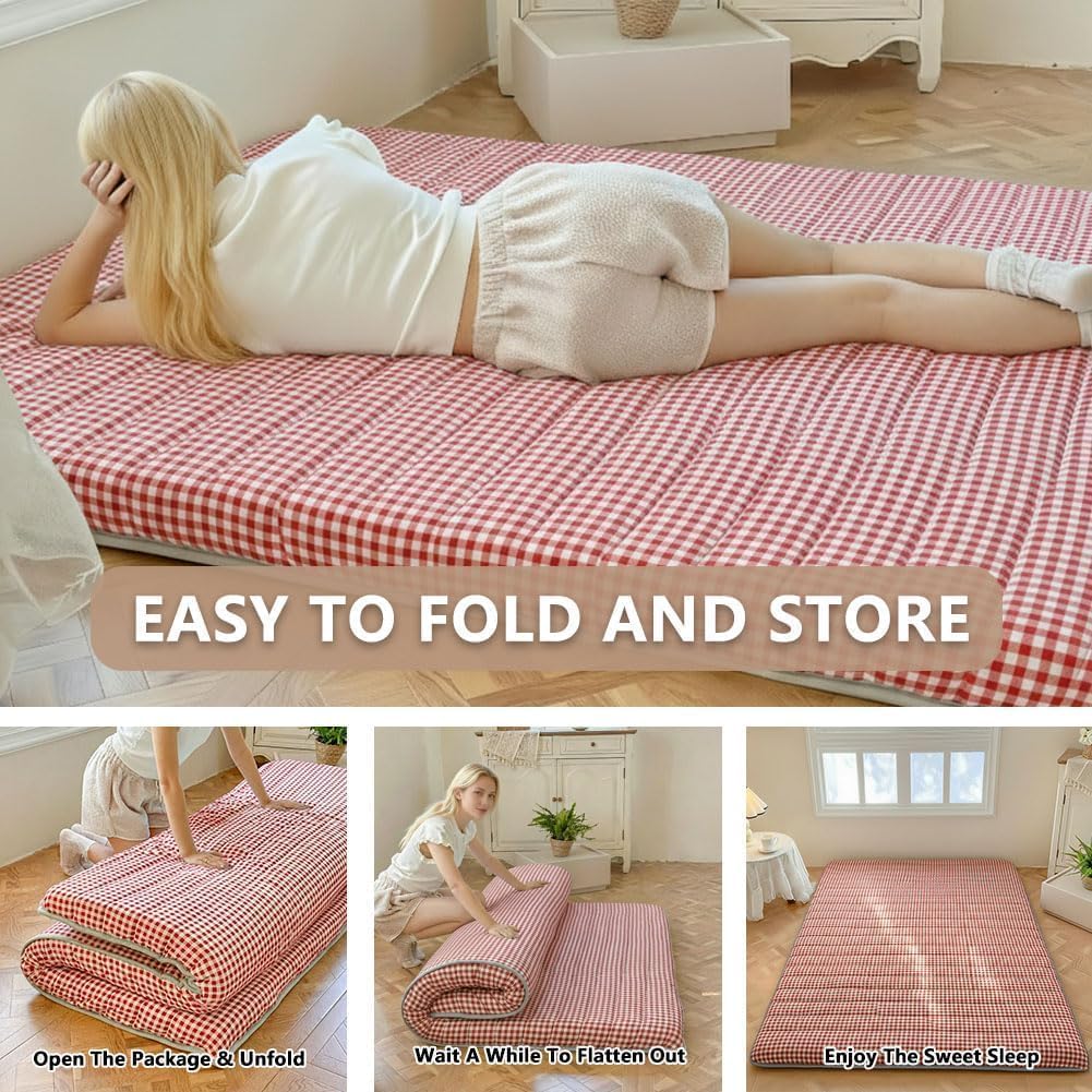 Red Gingham Japanese Floor Mattress, 39" x 80", 3.5" Thick