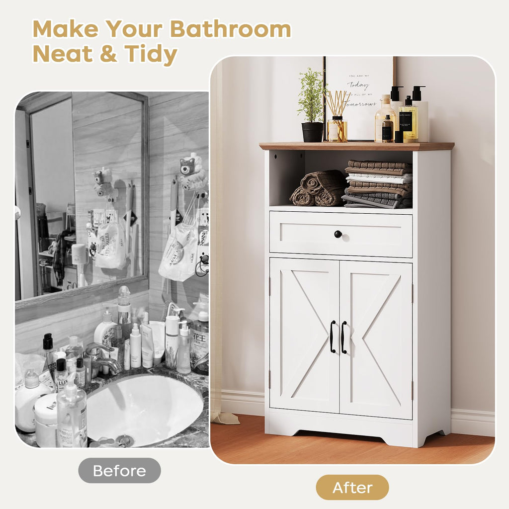 Floor Cabinet, Farmhouse Storage Cabinet with Barn Doors and Drawers White