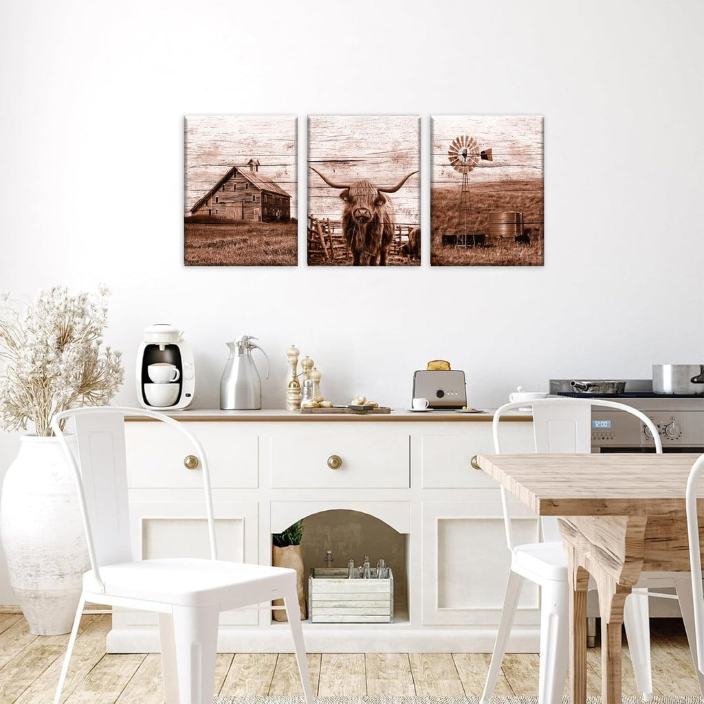 3pcs Farmhouse Highland Cow Wall Art Vintage Highland Cow Wall Art Barn Farmhouse Windmill Canvas Pictures Bedroom