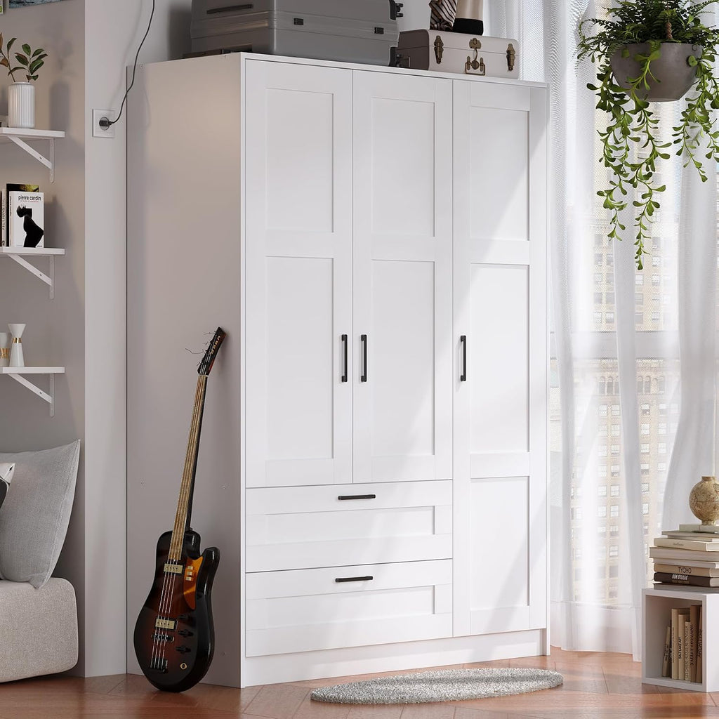 3 Doors Wooden Wardrobe Closet Armoire, White Storage Cabinet for Hanging Clothes, Bedroom Large Capacity