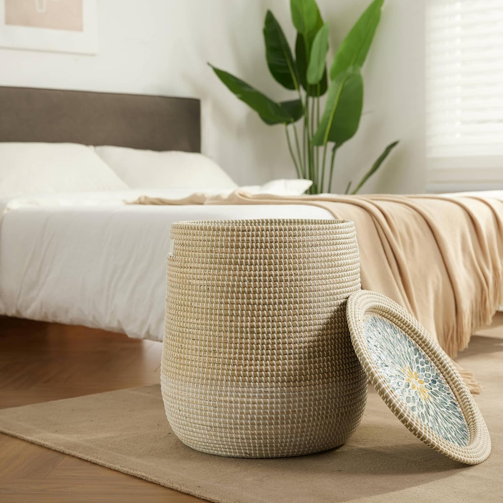 Round Seagrass Laundry Hamper with Lid, 2-Piece Set - Eco-Friendly Storage Basket for Clothes, Toys, and More