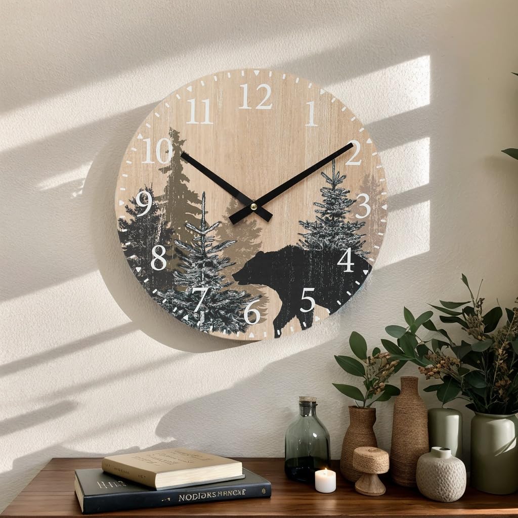 Cabin Bear Wall Clock 12 Inch Silent Non Ticking Clock Wooden Forest Wildlife Mountain Lodge Clock Battery Operated