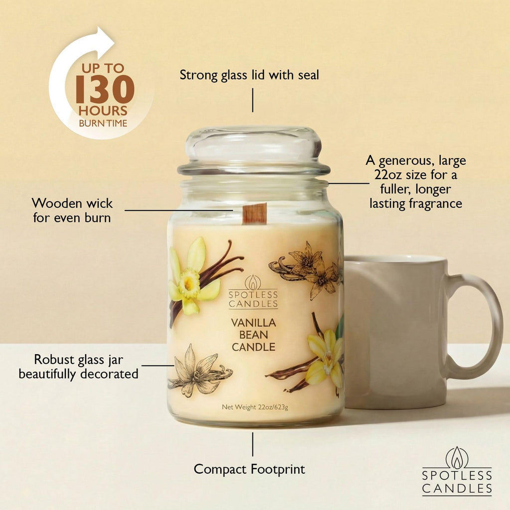 Vanilla Bean Candle 22oz: Upto 130 Hours Burn Time, Crackling Wooden Wick in Large Candle Jar with a Luxury Gift Box