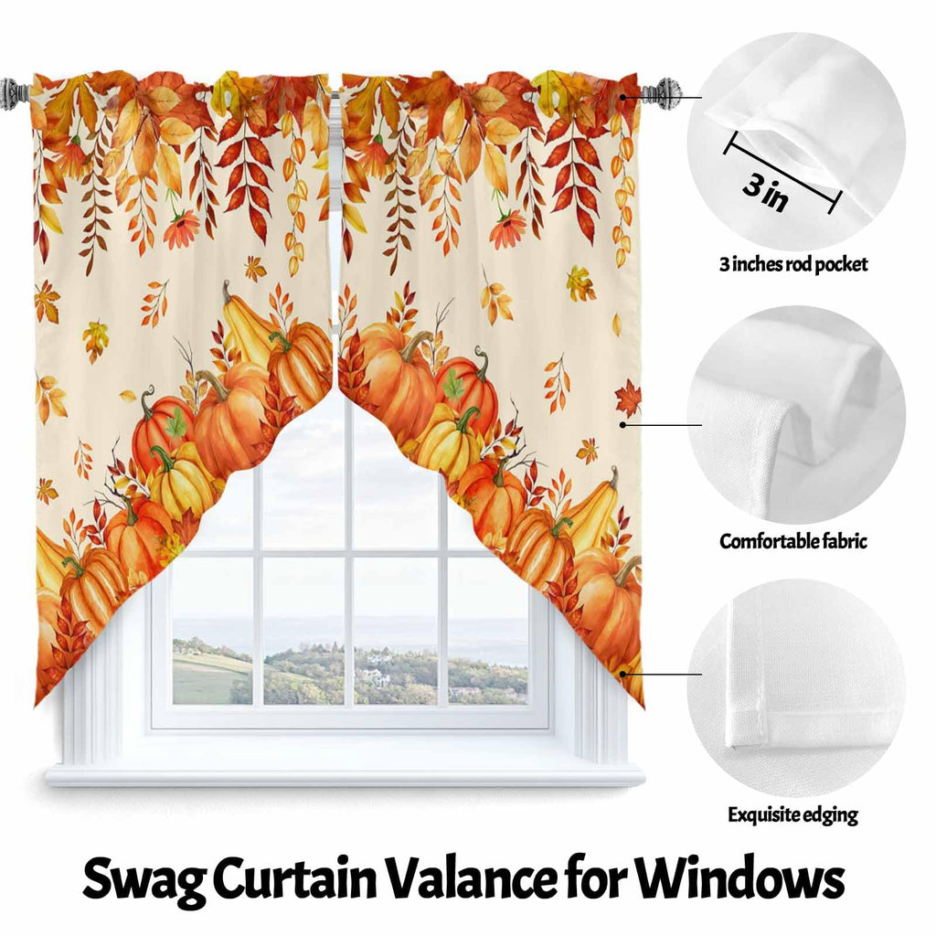 Fall Valances for Windows Thanksgiving Kitchen Window Curtains Over Sink, Orange Pumpkin Maple Leaf Rod Pocket Swag