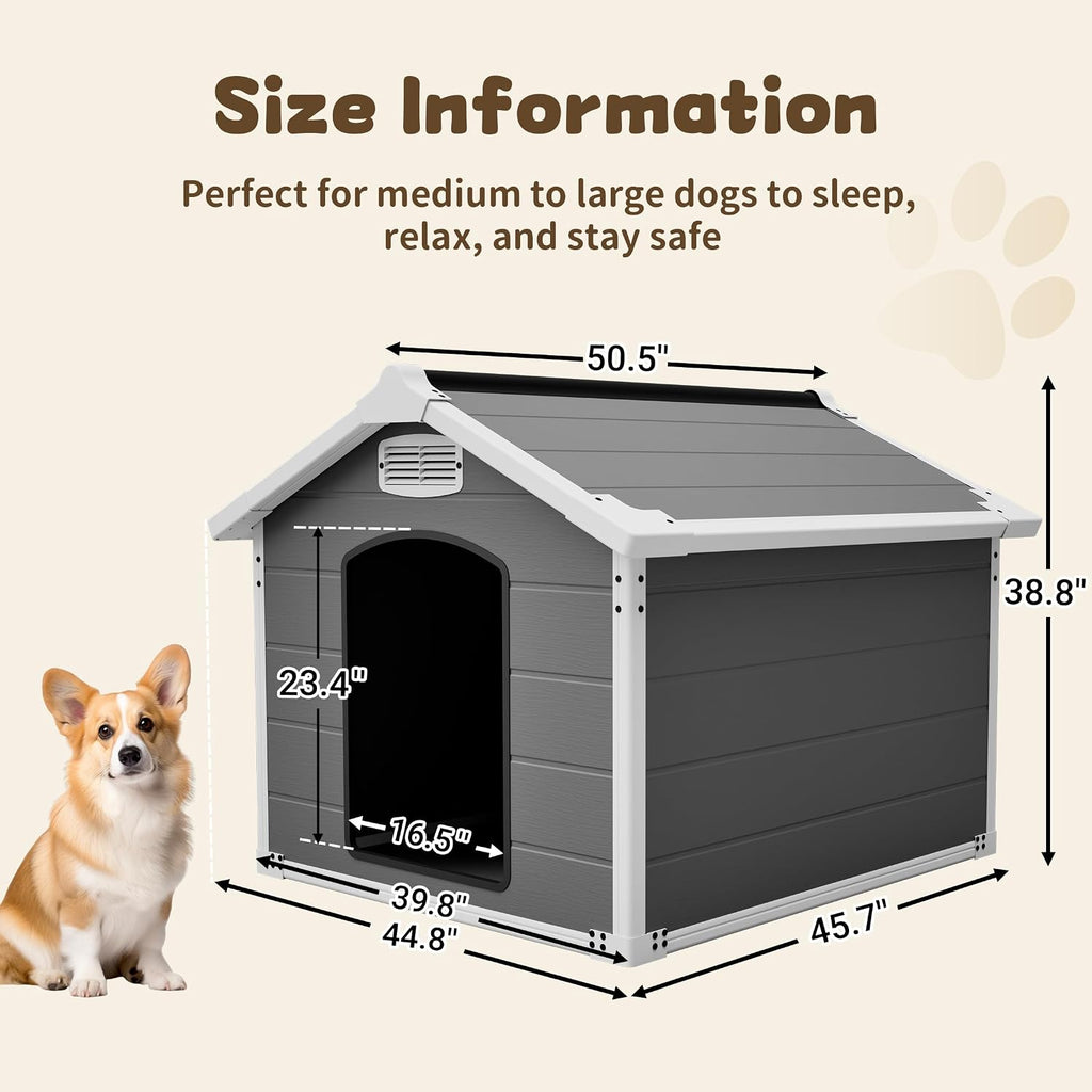Large Dog House Outdoor Indoor, Waterproof Plastic Shelter, Air Vents