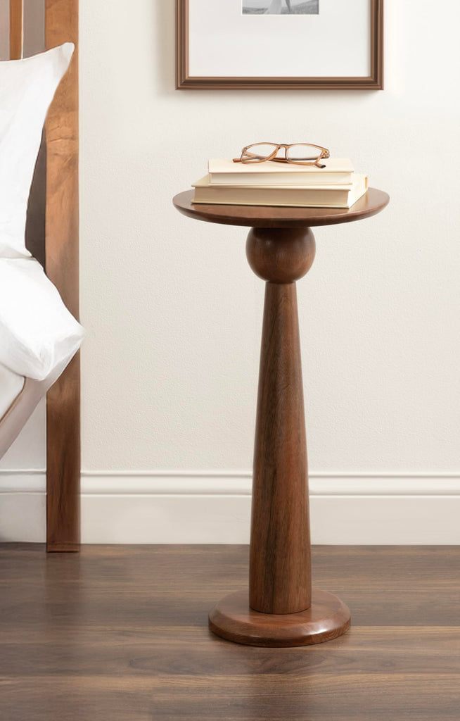 Inspired Saarinen Style Jakob Modern Wooden Round Side Table; 12 x 24; Walnut Brown; Circle Pedestal Table for Use as Bedroom Nightstand;